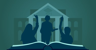 Graphically stylized blog header. In the foreground is an open book, behind which are the silhouettes of three people, two of whom have raised their hands to answer a question. In the background is the outline of an educational institution.