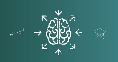 Blog header centered on a brain with arrows pointing toward and away from it. On the right side you can see a typical graduation cap from the USA and on the left side the formula e=mc2.