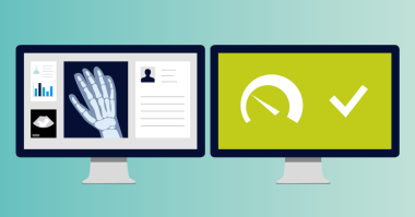 Two monitors one showing a medical image of a hand, the other one showing the brand icon of PRTG